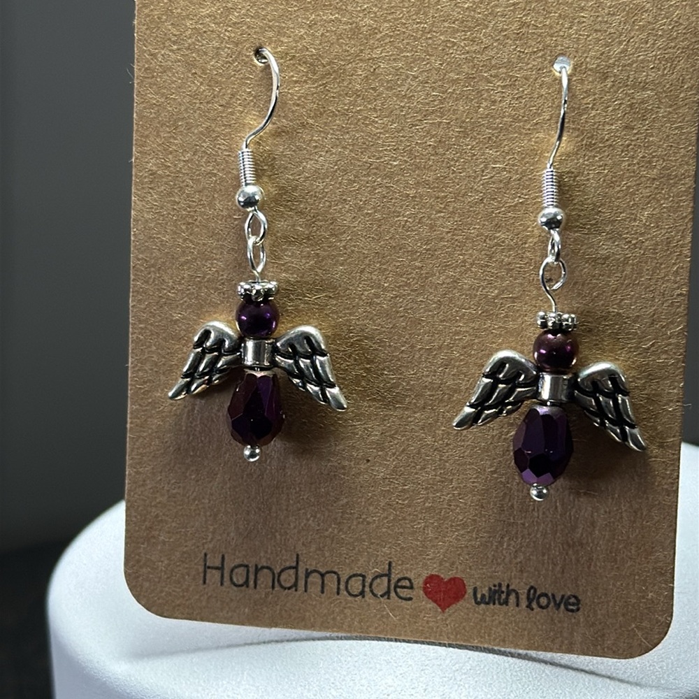 Angel earrings - purple and silver tone - handmade - Picture 2 of 7